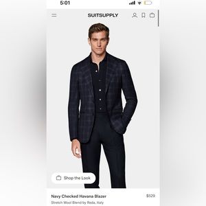 Suit supply Navy Checked Havana Blazer Size 50 Stretch Wool Blend by Reda, Italy